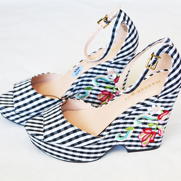 Madden Girl Cheri Gris Platform Wedges Gingham - Picture 2 of 7